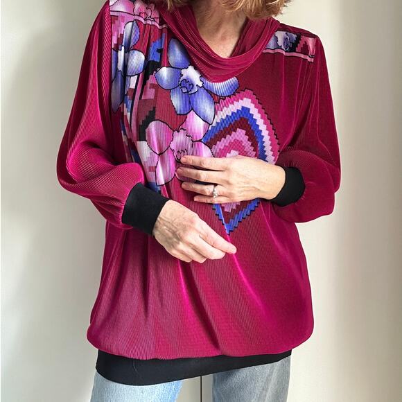 Virginie Paris Floral Micropleated Blouse Pink Made in France Statement SZ L - Picture 8 of 11